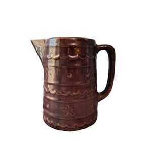 VINTAGE MARCREST BROWN STONEWARE PITCHER DAISY & DOT PATTERN